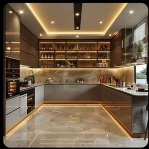 Modern High Gloss Modular Kitchen Cabinets Luxury Custom L-Shaped Built-in Design with LED <b>Light</b> and Quartz Countertop - Product Image 5