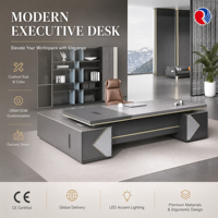 Bureau de direction en forme de L avec plateau en bois grainé, incrustations en cuir, finitions dorées, pour manager ou patron, avec base sur piédestal