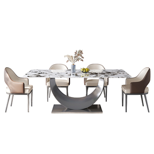 Tavolo da Pranzo Rettangolare Contemporaneo con Piano in Pietra Naturale e Base in Metallo Verniciato a Polvere per Case Moderne - Product Image 2