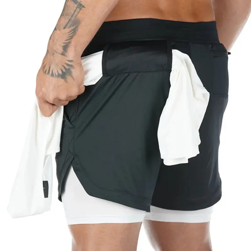 Shorts de ginástica para homens, logotipo personalizado de poliéster 2 peças por conta própria, shorts para corrida, basquete, academia e treino