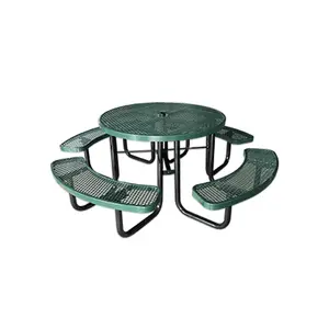 Meja piknik baja bulat komersial luar ruangan dengan set bangku kantin meja makan dan kursi dengan lubang payung