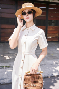 Vestido Midi Elegante para Mujer con Botones Delanteros, Corte en A, VIVI KA, Casual, Tejido Sólido, Mezcla de Microfibra, Cintura Alta, Disponible en Stock - Product Image 4