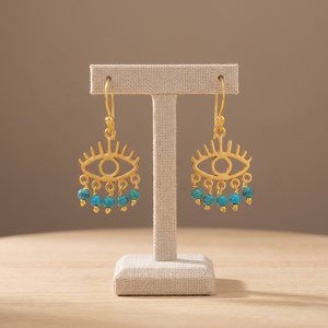 Boucles d'oreilles pendantes œil en pierre de turquoise, plaqué or, faites à la main, en argent sterling .925, style tendance, cadeau de mariage, Casa De - Product Image 3