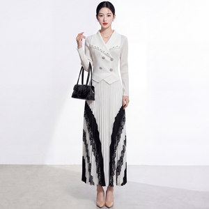 Robe longue plissée en mousseline de soie élégante pour femme, style Miyake, avec perles, couleur contrastante, pour soirée, automne, tenue de bureau - Product Image 4