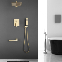 Ensemble de robinetterie de douche encastrée dorée avec pommeau de douche cascade et pluie, système de salle de bain mural 3 fonctions et douchette à main
