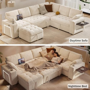 Canapé modulaire sectionnel avec lit escamotable, 7 places, en chenille, en forme de L, avec ottoman de rangement, porte-gobelets USB, table d'appoint - Product Image 3