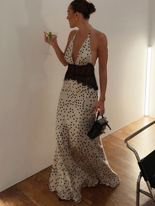 Abito da sera lungo elegante da donna 2026 di lusso, sexy, con scollo <span class=keywords><strong>a</strong></span> V, <span class=keywords><strong>a</strong></span> <span class=keywords><strong>pois</strong></span>, con allacciatura al collo, senza schienale, patchwork in pizzo - Product Image 3