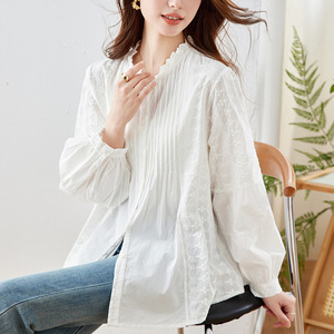 Cotton Embroidered White Shirt Women's Long Sleeve 2026 Spring New Design Organ Pleated Top Wooden Ear Collar Shirt - Product Image 1