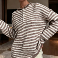 Nouveau pull décontracté tricoté et crocheté à rayures coréennes, boutonné, col rond ample et respirant pour femme
