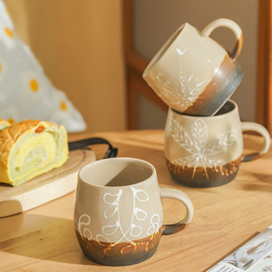Japanese Style Rough <b>Ceramic</b> Coffee Mug Leaf Pattern Matte Finish Retro Design For Everyday Use - Product Image 2