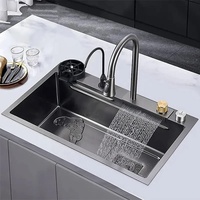 Robinet de cuisine encastré en acier inoxydable T-304 de calibre 16, fait main, à cuve unique, avec cascade intelligente, revêtement nano et jet de pluie volant