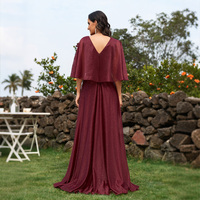 Robe de soirée formelle en mousseline de soie marine à paillettes, col en V, manches courtes volantées, applique florale 3D, taille empire, coupe trapèze, vente en gros