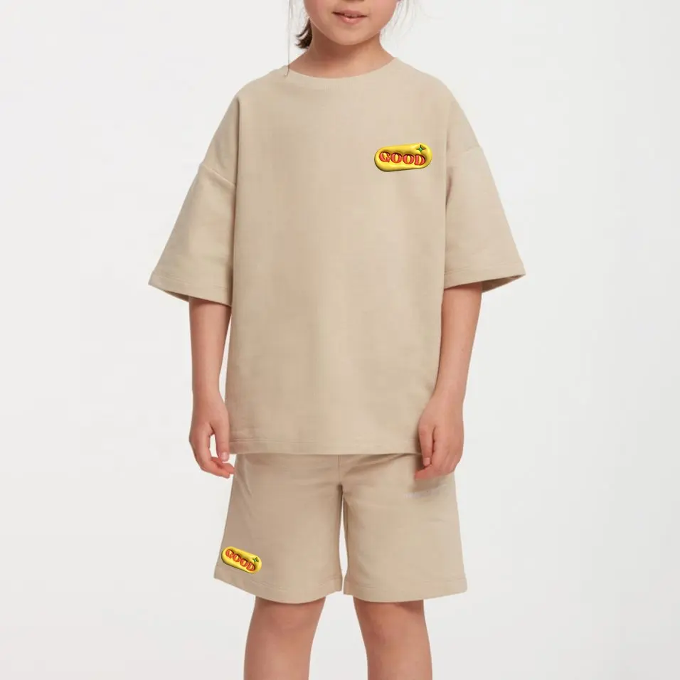 OEM Venta al por mayor de marca de ropa para niños fabricante personalizado Puff impresión niños 2 piezas conjunto trajes de verano