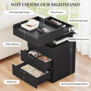 Turosur Night Stand With Gun Drawer <b>Led</b> Lighting Wireless Charging 3 Drawers Modern <b>Bedside</b> <b>Table</b> Storage - Product Image 3