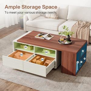 Table basse extensible rectangulaire en bois au design personnalisé avec dessus de table réversible 2 tiroirs et étagères de rangement - Product Image 6