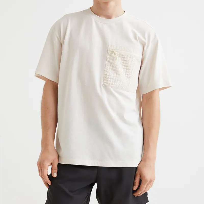 थोक फैशन स्ट्रीट पुरुषों की टी-शर्ट कस्टम मुद्रित टी-शर्ट कॉटन शोल्डर मेश पॉकेट टी-शर्ट बुना हुआ ब्लैंक टीशर्ट बुना हुआ