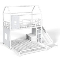 Letto a Castello Moderno in Metallo per Bambini con Scivolo, Scala, Striscia LED, Tenda, Armadio Mobile e Asta Appendiabiti - Salvaspazio, OEM