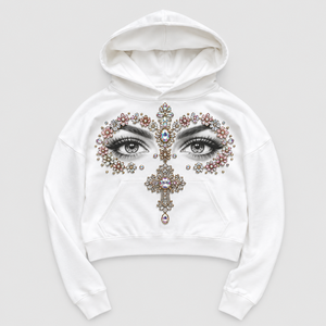Wholesale Custom Rhinestone Hoodie White <b>Pullover</b> Eye Graphic Embroidery Premium Streetwear Logo Design High Quality <b>Men</b> Hoodie - Product Image 1