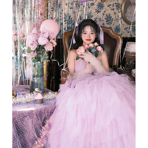 Strapless Purple Tulle Ball Gown Wedding Dress Empire Waistline For Outdoor Portrait Photography - Product Image 5