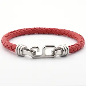 Trendy Genuine Leather Men's Woven Navy Blue Red Leather Stainless Steel Number 6 Hook Leather Bracelet