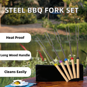 Fourchette de barbecue en acier inoxydable à long manche rétractable en bois, résistante à la chaleur, facile à nettoyer, ensemble d'outils de barbecue pour l'extérieur - Product Image 2
