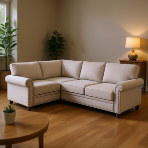 Sofá Seccional de Tela de Lino Beige Gris para Sala de Estar, Diseño Tradicional, Respaldo Acolchado, Brazos Enrollados, Patas de Madera - Product Image 2