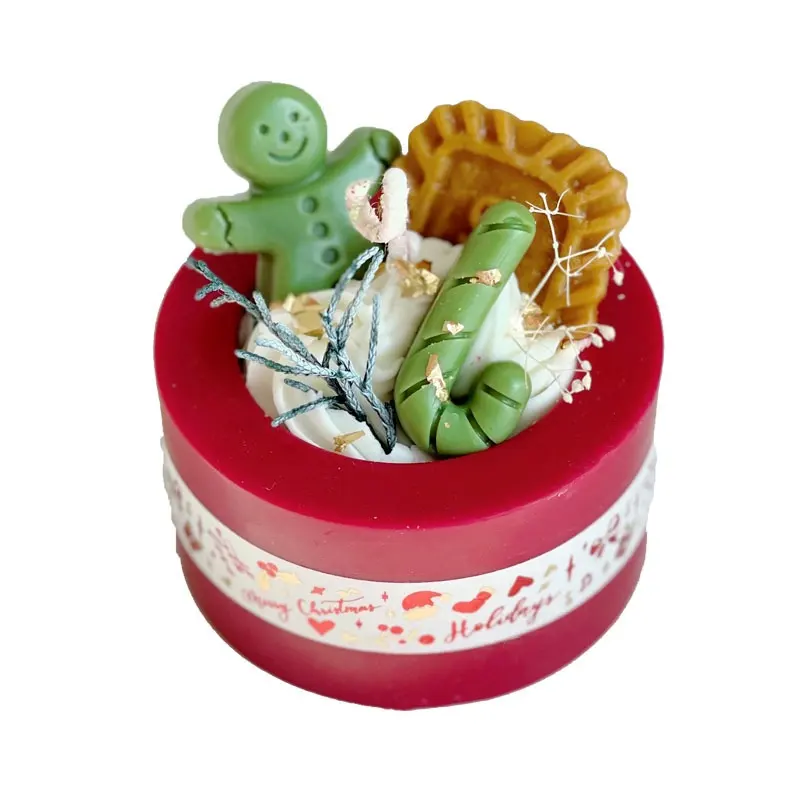 Custom Classic Christmas Elements Red Green Cream Christmas Cake Shape Scented Candle Gift