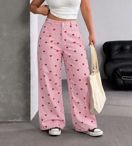 <span class=keywords><strong>Jeans</strong></span> a gamba larga <span class=keywords><strong>con</strong></span> stampa a cuore da donna, <span class=keywords><strong>vita</strong></span> alta, vestibilità ampia, pantaloni casual per tutte le stagioni, tessuto <span class=keywords><strong>elastico</strong></span>, abbigliamento estivo alla moda - Product Image 1