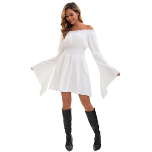 Vestido Renacentista Blanco con Hombros Descubiertos para Mujer, con Cinturón de Corsé Marrón, Manga Larga, Disfraz - Product Image 3