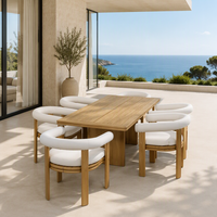 Ensemble de salle à manger d'extérieur en teck de luxe, table de patio 8 places avec fauteuils rembourrés pour villa, hôtel, complexe hôtelier, ferme, appartement