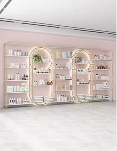 Precio al por mayor Salón de belleza tienda <span class=keywords><strong>Barber</strong></span>ía Gabinete de almacenamiento Estante de exhibición Estante de piso de hierro de madera con LED - Product Image 1