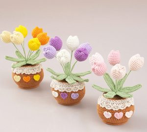 Petite plante artificielle en pot, rose et tournesol, faite main au crochet et en <span class=keywords><strong>laine</strong></span>, ornement cadeau - Product Image 6