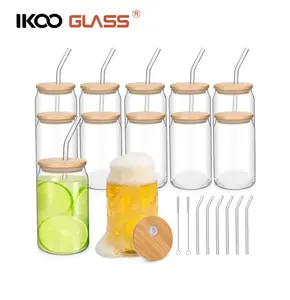 IKOO 20盎司玻璃罐杯，带竹盖和弯曲玻璃吸管不倒翁
