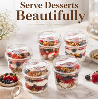 Gobelets jetables en PET/PP transparents à fond arrondi de 150 ml et 250 ml en stock avec couvercle et cuillère pour mousse, pouding et dessert