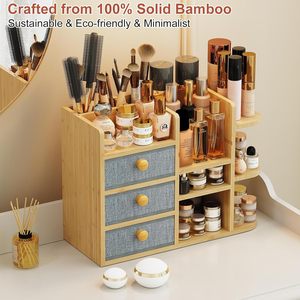 Bamboo Cosmetic Storage <b>Box</b> With Drawers Solid Wood Countertop <b>Makeup</b> Organizer - Product Image 4
