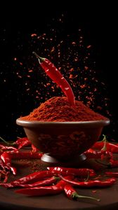 Poudre de piment rouge dans un bol en argile avec des piments séchés à côté - Product Image 2