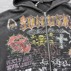 Felpa con cappuccio vintage con zip, lavaggio acido, stampa collage rock band, teschio, lingua, simbolo della pace, taglio corto, stile street, 100% cotone felpato, autunnale - Product Image 2