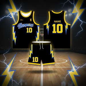 カスタムメンズバスケットボールジャージユニフォームセット、プラスサイズ、ブラックライトニングデザイン、通気性、吸湿速乾、プリントチーム - Product Image 1