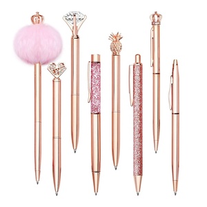 8PCS Pen Pack Pink Fluffy Pens Heart Diamond Metal Crown Rose Gold Ballpoint Pen Gifts Packed in Velvet Bag