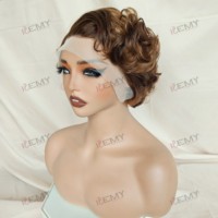 Perruque Courte Sans Colle KEMY HAIR en Cheveux Humains Pixie Cut avec Dentelle HD, Perruque Ondulée à la Doigtée, Mèches Naturelles Indiennes pour Femmes Noires