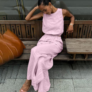 Abbigliamento estivo da donna per la casa in cotone rosa senza <span class=keywords><strong>maniche</strong></span> pigiama due pezzi a manica corta <span class=keywords><strong>con</strong></span> pantaloni <span class=keywords><strong>lunghi</strong></span> - Product Image 4