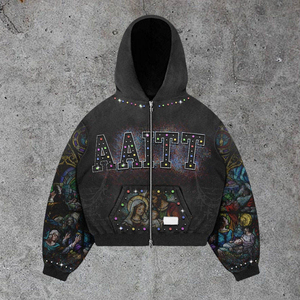 Sudadera con capucha y cremallera para hombre, de algodón grueso, con gráfico de pedrería y aplique de letras artísticas en la manga, corte holgado, efecto desgastado, estilo streetwear, personalizada. - Product Image 2