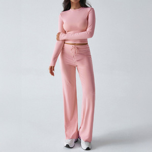 Ensemble de yoga de <span class=keywords><strong>sport</strong></span> pour femmes T-<span class=keywords><strong>shirt</strong></span> à manches longues et pantalon de couleur unie Vêtements d'entraînement confortables - Product Image 6