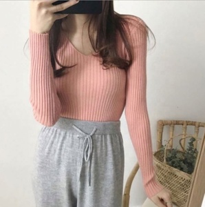 Tendances nouveau col en V épais coupe ajustée pull chaud à manches longues en tricot <span class=keywords><strong>T</strong></span>-<span class=keywords><strong>shirt</strong></span> pour <span class=keywords><strong>femme</strong></span> - Product Image 3