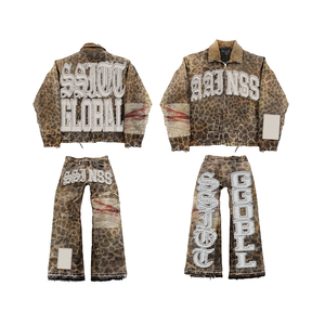 Tùy chỉnh Leopard sweatsuit Áo khoác Rhinestone thêu đính Zip Up Hoodie và Jogger Sweatpants Set Heavyweight Tracksuit người đàn ông - Product Image 1