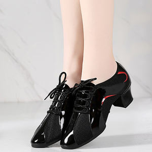 Zapatos de baile modernos de cuero + red para mujeres adultas Zapatos de baile de <span class=keywords><strong>salsa</strong></span> de suela blanda de tacón bajo - Product Image 6