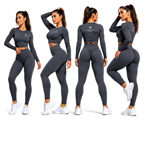 Primora Global <b>Womens</b> Breathable Simple Seamless Solid O-Neck Long Sleeve <b>Crop</b> Top <b>Leggings</b> Set High Waist Support Four Way - Product Image 4