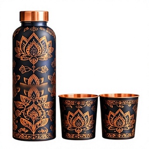 Handmade Copper <b>Water</b> <b>Bottle</b> with Lotus Design Bohemian Style Portable Drinkware for Travel <b>Metal</b> Flask Set - Product Image 1