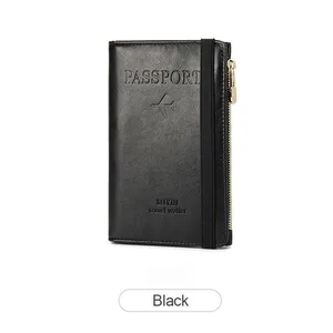 Pochette à fermeture éclair avec logo gaufré en cuir PU en gros Portefeuille de voyage pour billets d'avion Fentes pour cartes Porte-passeport