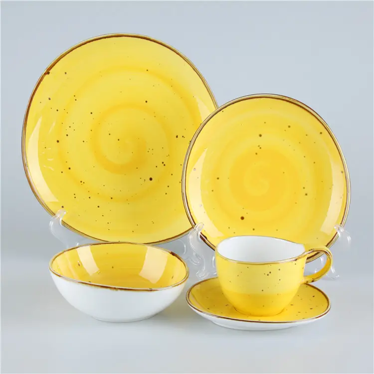 Juego de vajilla de porcelana para restaurante, juego de 24 piezas de cerámica amarilla esmaltada reactiva pintada a mano, vajilla de porcelana árabe para Cocina